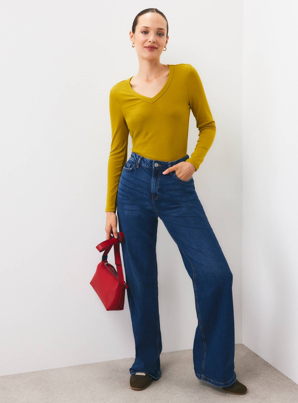 Dark Yellow Deep V-Neck Ribbed Long Sleeve Top 8 - Image 2